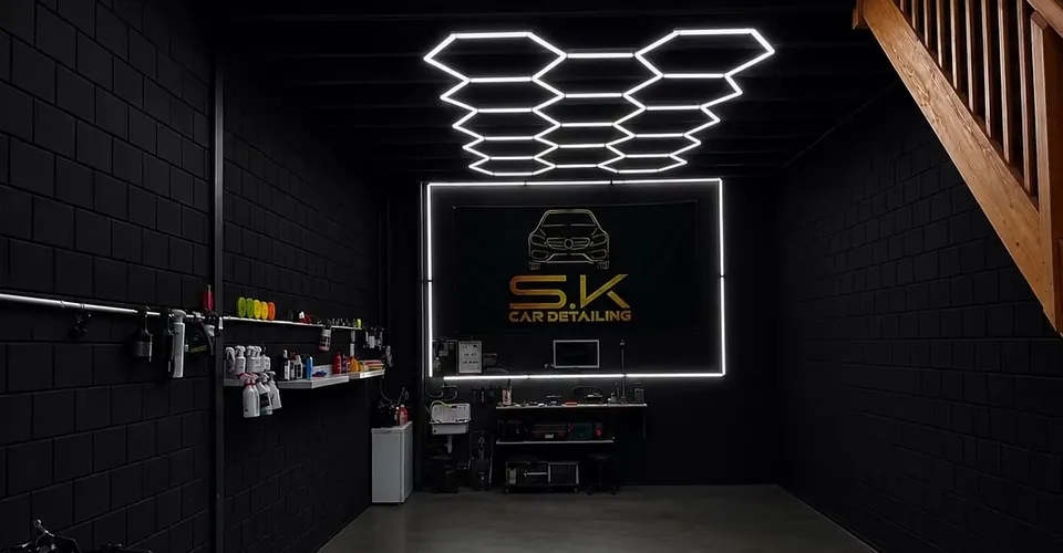 Onze studio met hexagonale ledverlichting en de verlichte lichtbak met ons logo