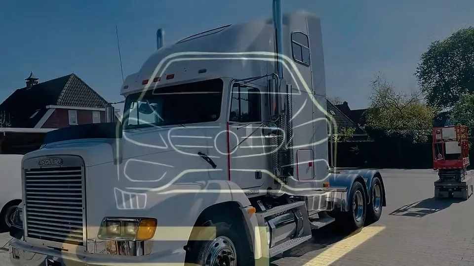 Witte Freightliner na het verwijderen van de wrap