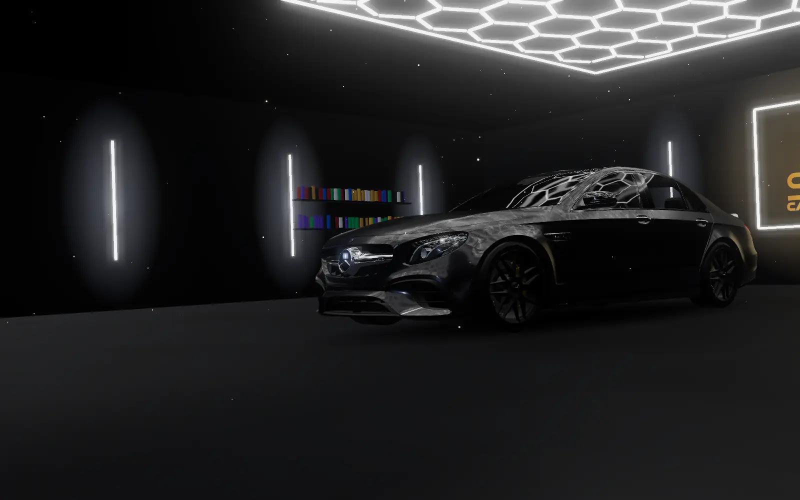 Zwarte Mercedes-AMG in onze studio onder hexagonale ledverlichting
